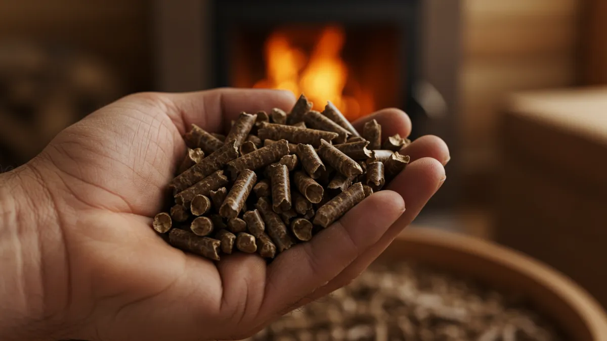 Mano che tiene dei pellet di legno di alta qualità, simbolo dell'energia rinnovabile e pulita del riscaldamento a pellet.