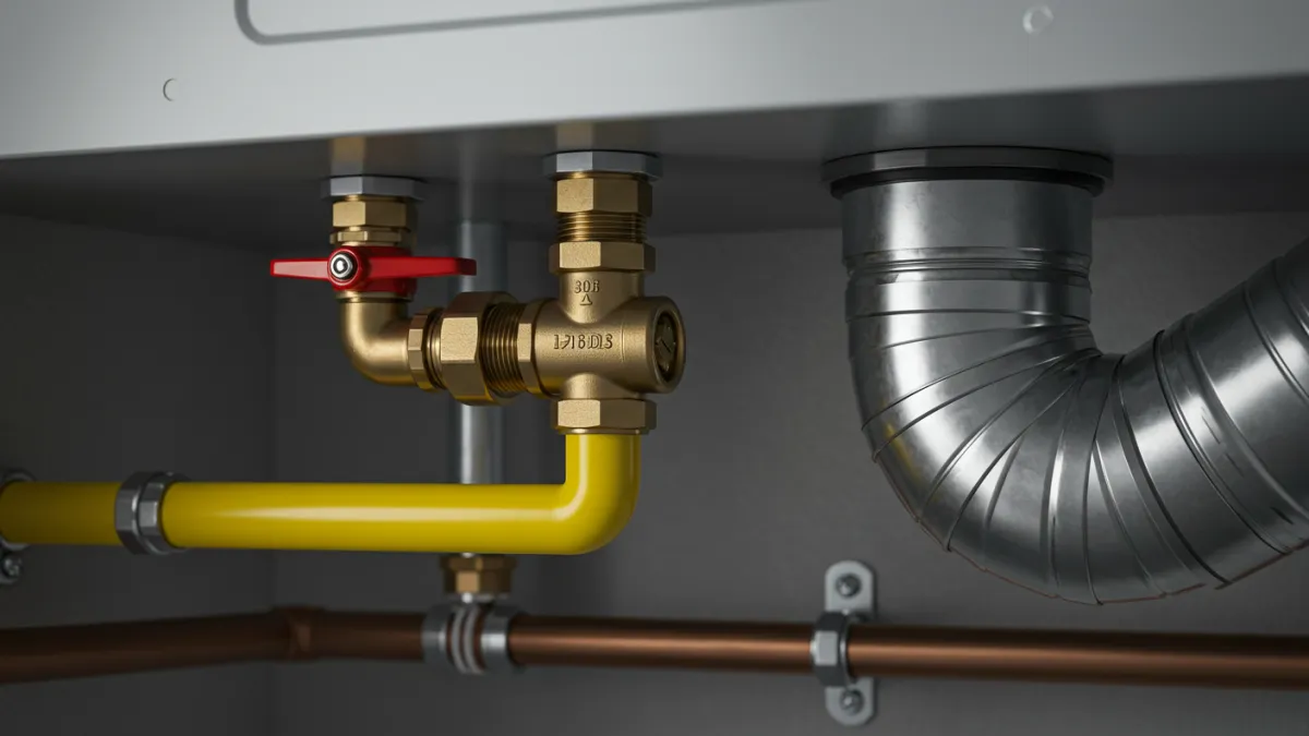 Collegamento del tubo del gas e della canna fumaria a uno scaldabagno a gas.