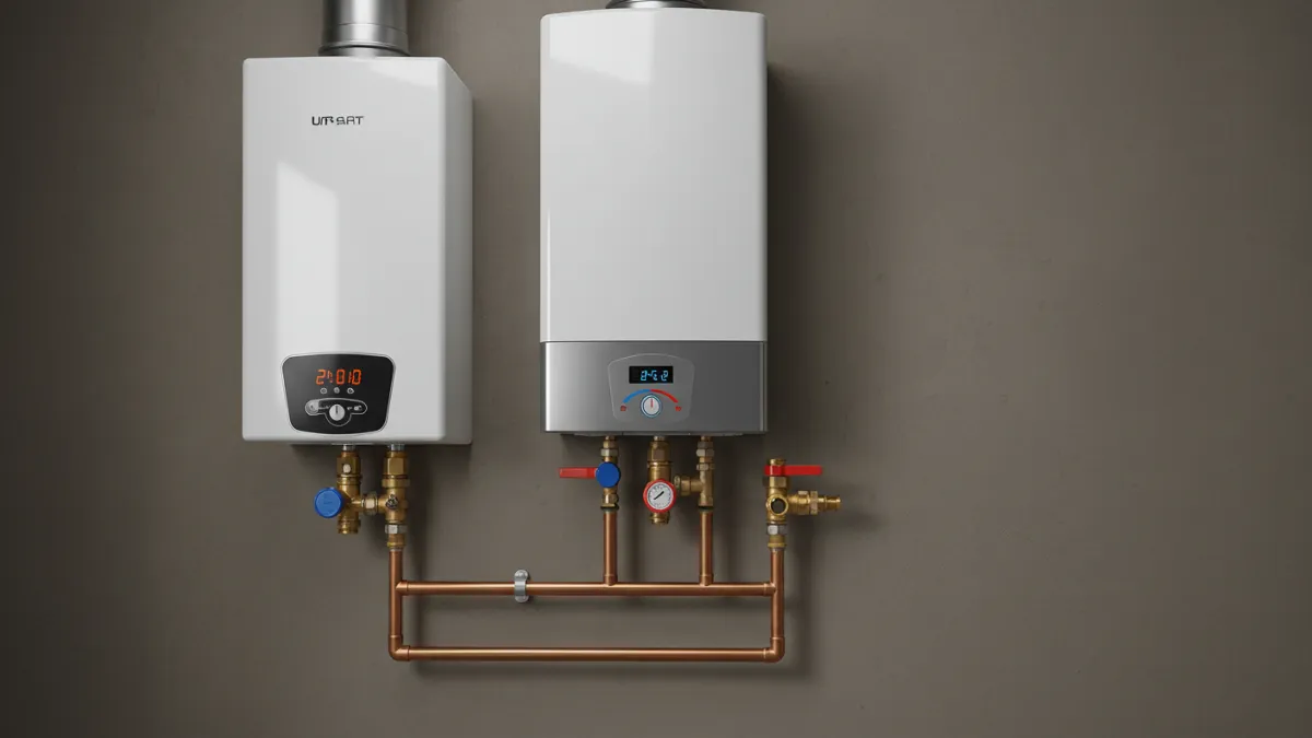 Scaldabagno a gas istantaneo (caldaia per ACS) installato a parete con canna fumaria.
