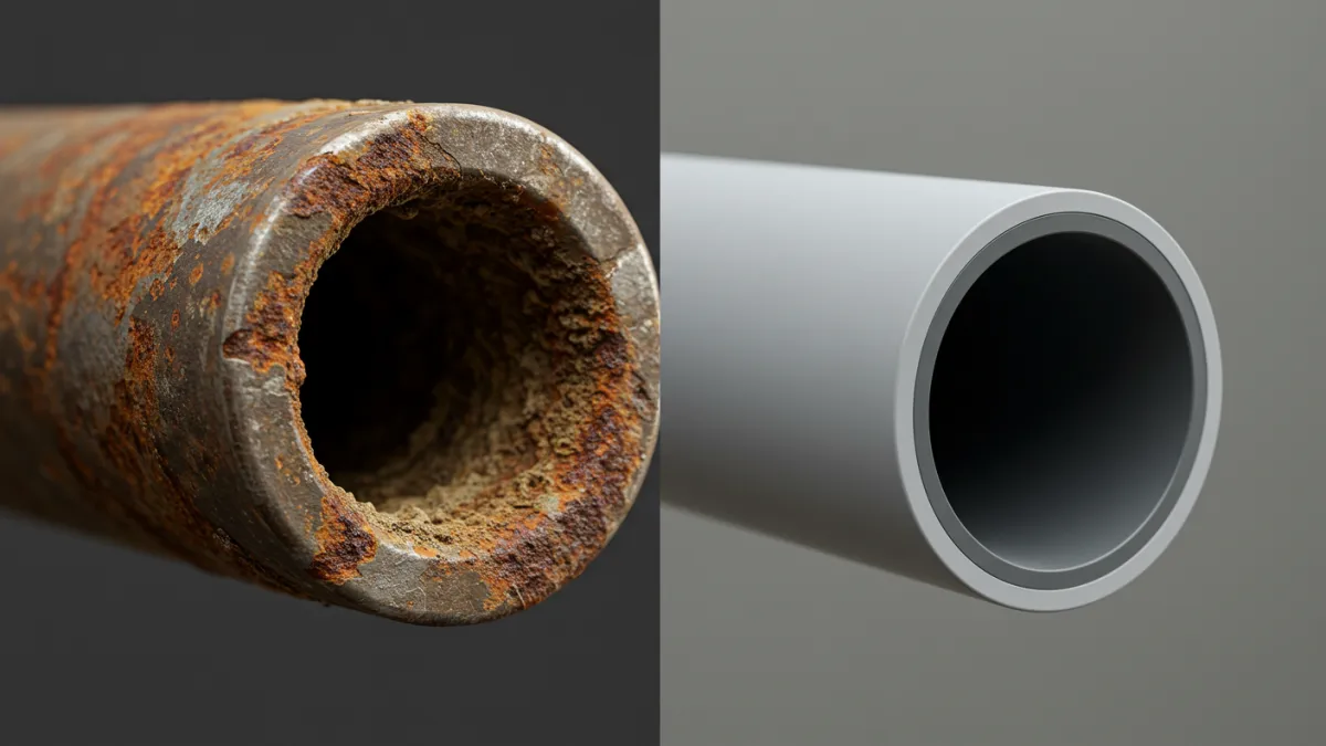 Confronto tra un vecchio tubo idraulico corroso e un nuovo tubo moderno.