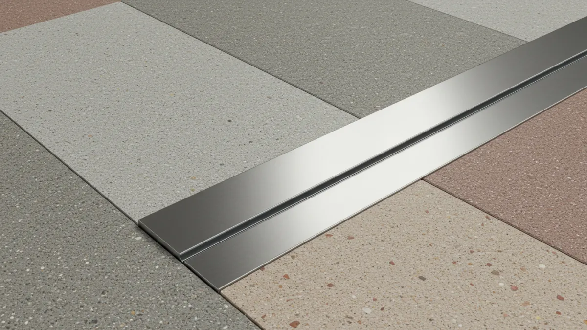 Profilo coprigiunto metallico installato sopra un giunto di dilatazione sigillato.