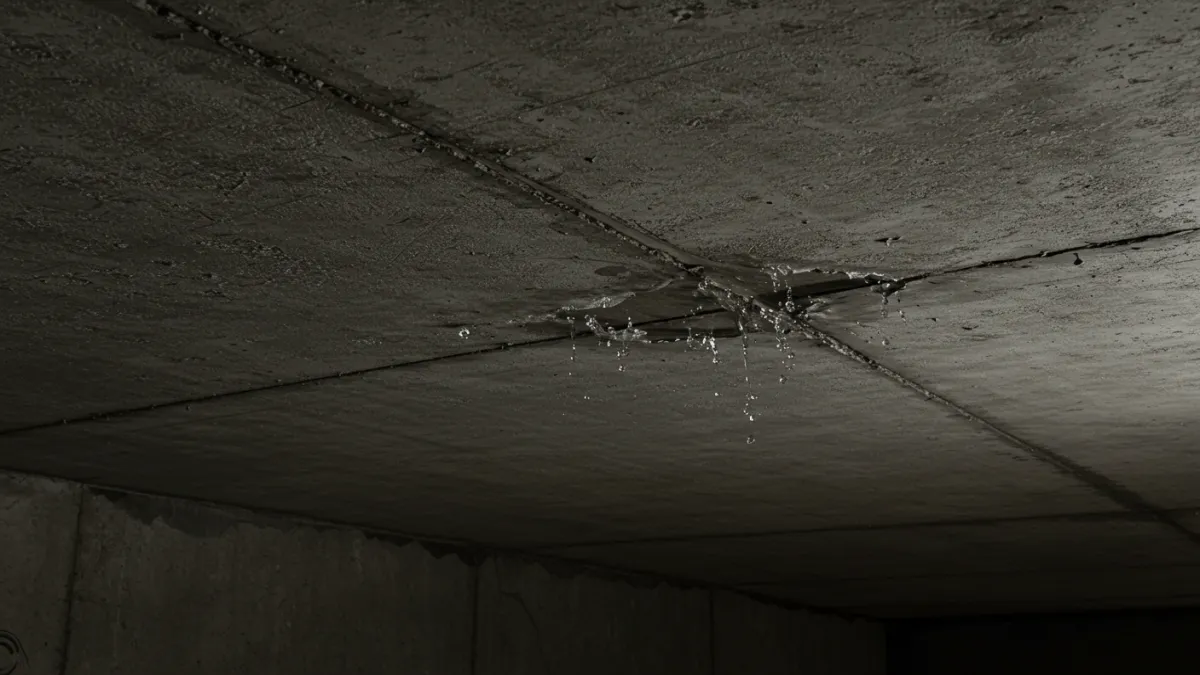 Acqua che filtra da un giunto di dilatazione mal sigillato nel soffitto di un parcheggio sotterraneo.