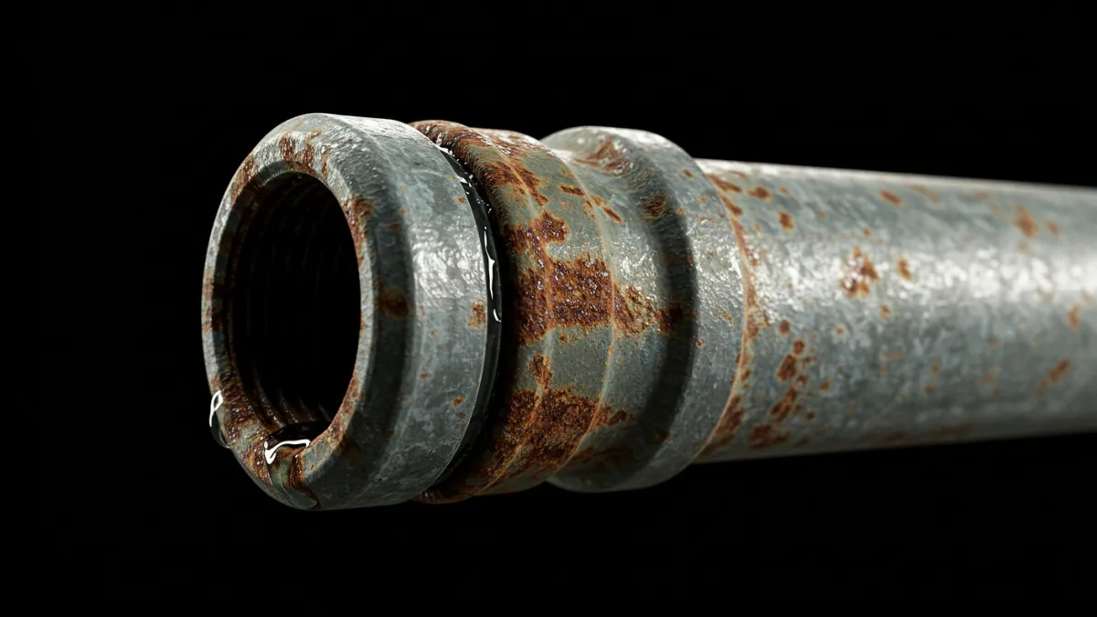Dettaglio di un vecchio tubo metallico fortemente corroso o con una perdita.