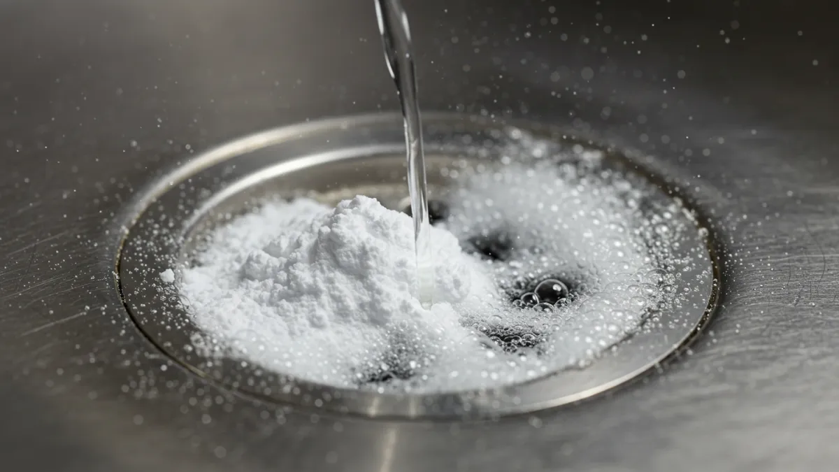 Reazione effervescente di bicarbonato e aceto nello scarico di un lavandino.