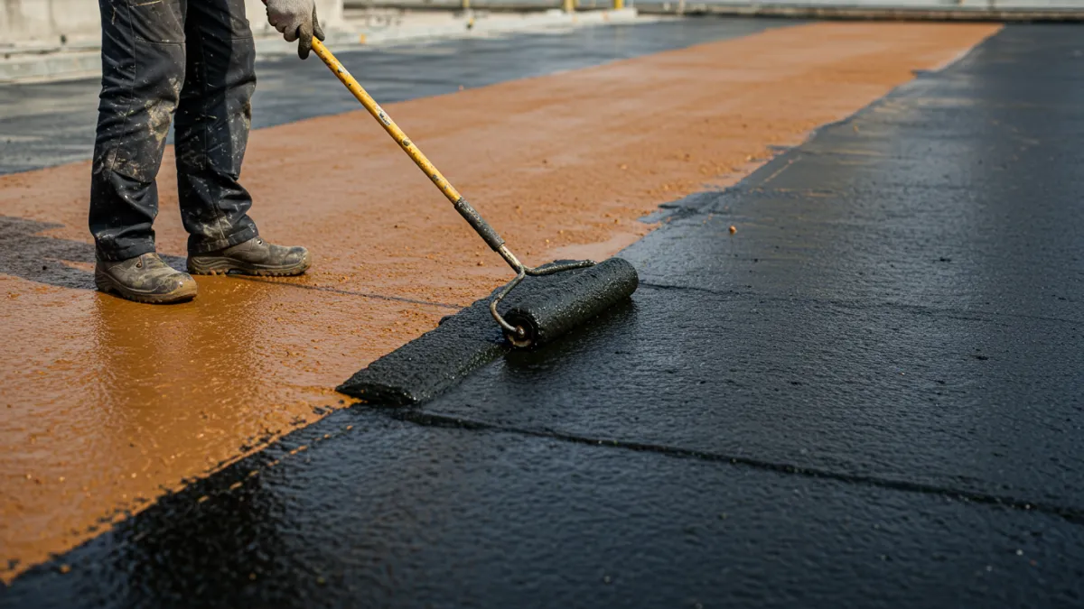 Applicazione di strati di resina impermeabilizzante con rullo, mostrando la sovrapposizione.