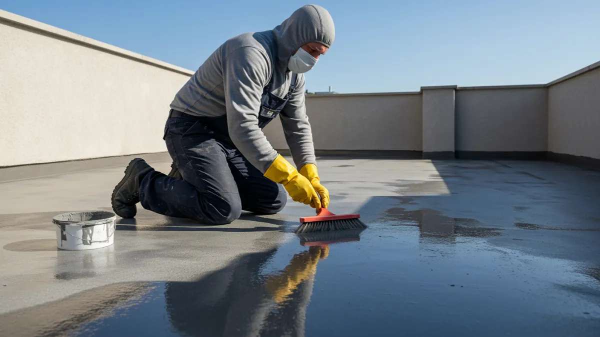 Operatore che pulisce o applica primer su un terrazzo prima di stendere la resina.