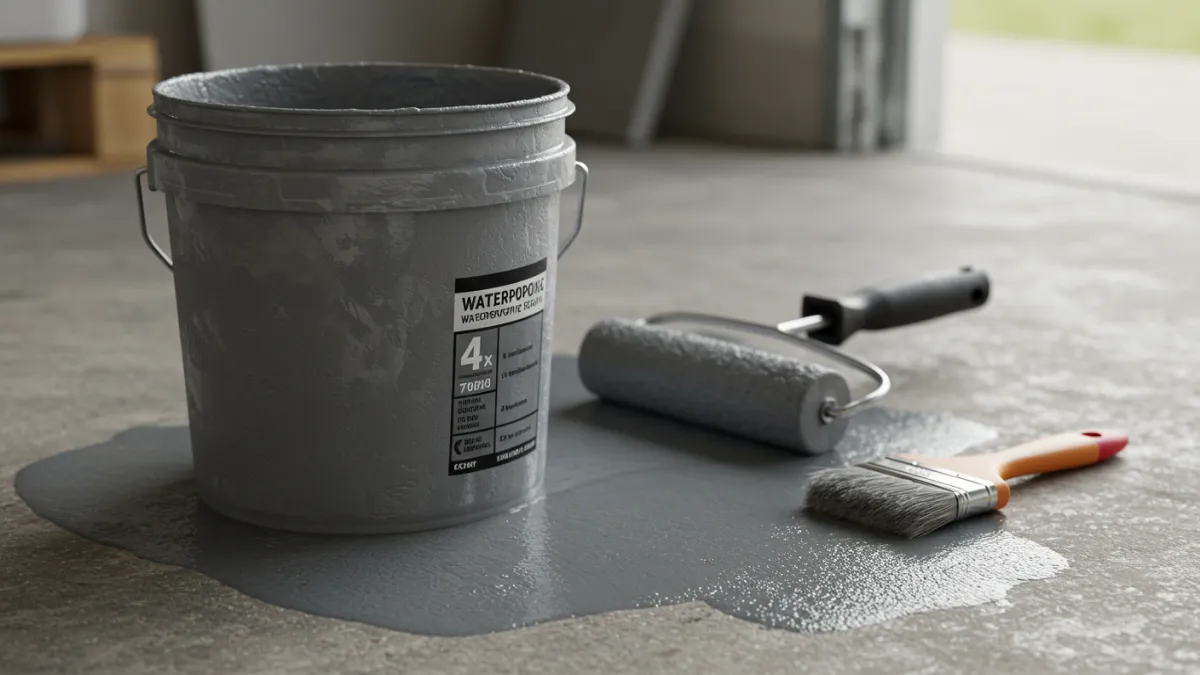 Secchio di resina liquida impermeabilizzante con rullo e pennello pronti all'uso.